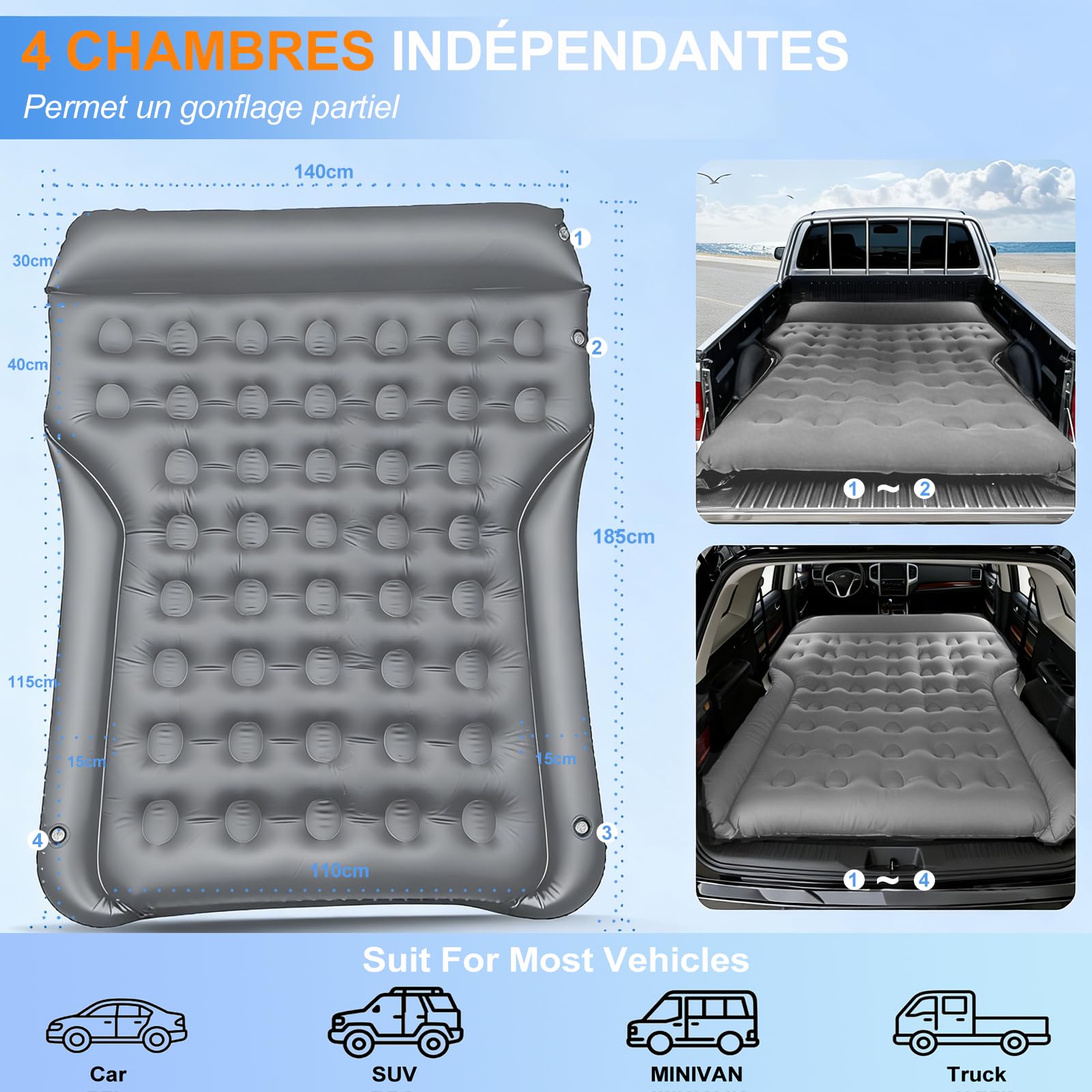 Matelas Voiture - Matelas Gonflable Voiture Universel pour SUV VAN RV Coffre , 140x185x20cm Lit Voitures éPaisseur 20cm Doux Et Confortable Car Mattress Air Bed pour Camping Voyage Routiers Accueil