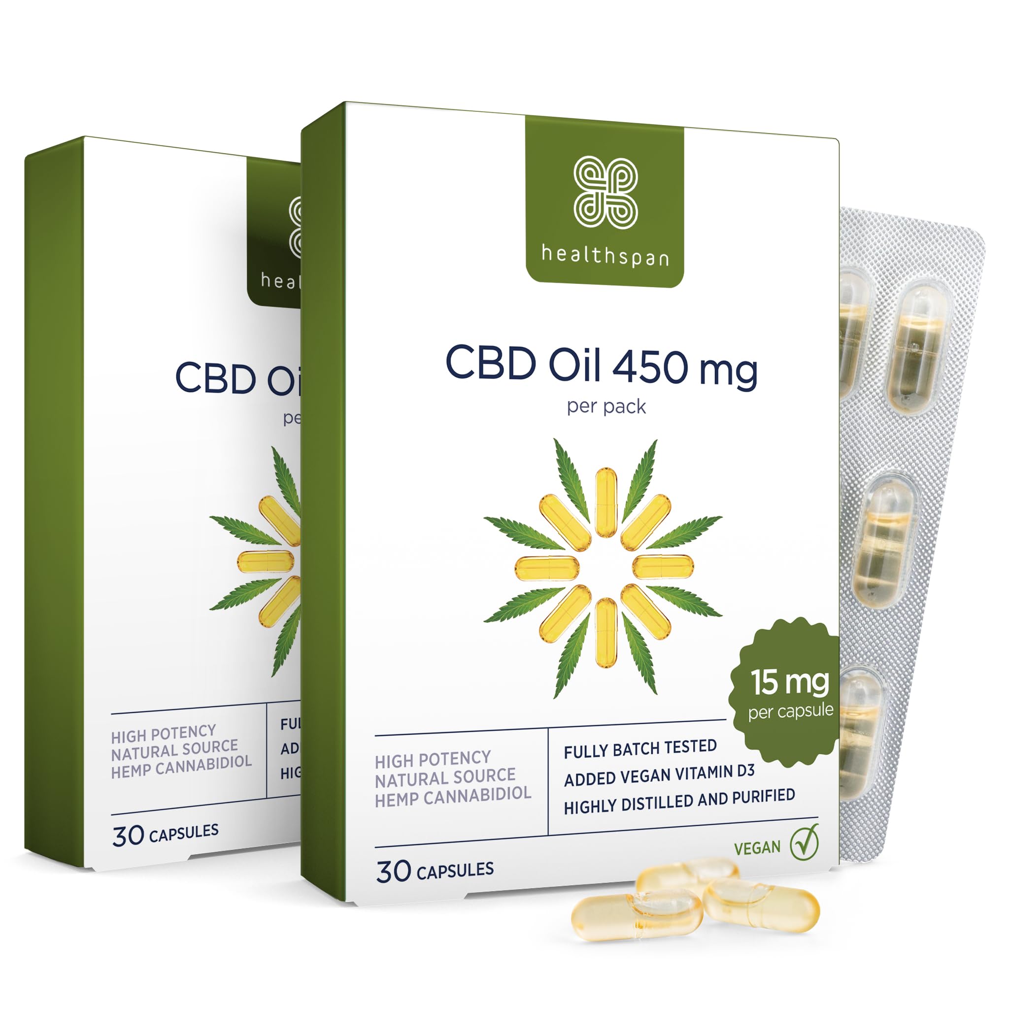 Healthspan 900mg (2 x Packs of 450mg) CBD Oil Capsules | 60 Capsules | Added Vitamin D3 | Vegan