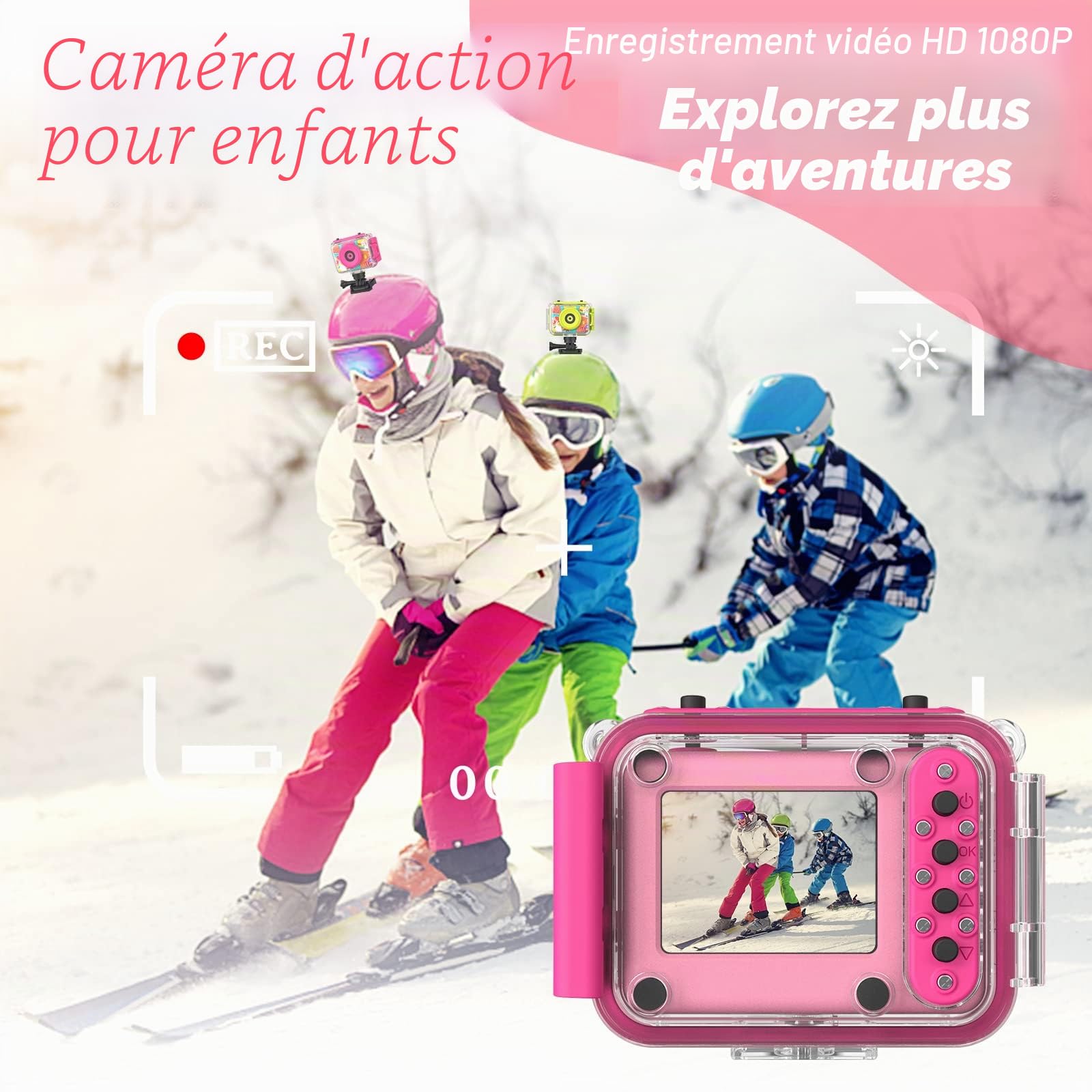 Ushining Appareil Photo Enfant Étanche, 1080P Caméra Vidéo d'action sous-Marine Enfant Appareil Photo Selfie Numérique avec Écran 2,0 Pouces Carte TF 32 Go, Cadeau pour Filles Garçons 3-12 Ans, Rose
