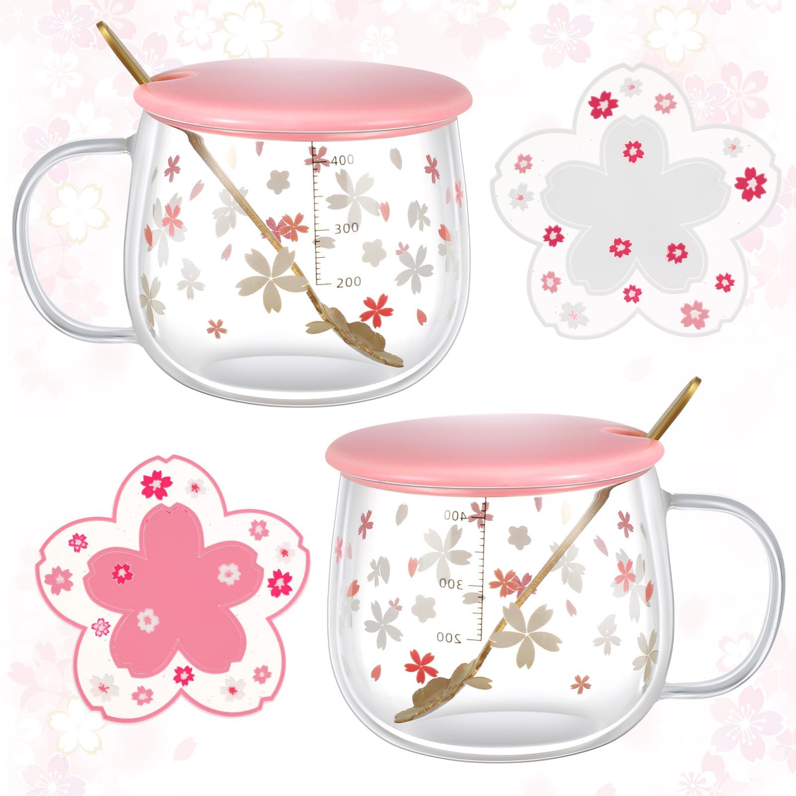 Tioncy2 Pcs Christmas Cup Sakura Cup with 2 Sakura Teacup Mat, Creative Pink Glass with Lid PVC Cute Drinkware Latte Coaster for Girls Women Wife Mom Friends Mothers Valentines Birthday