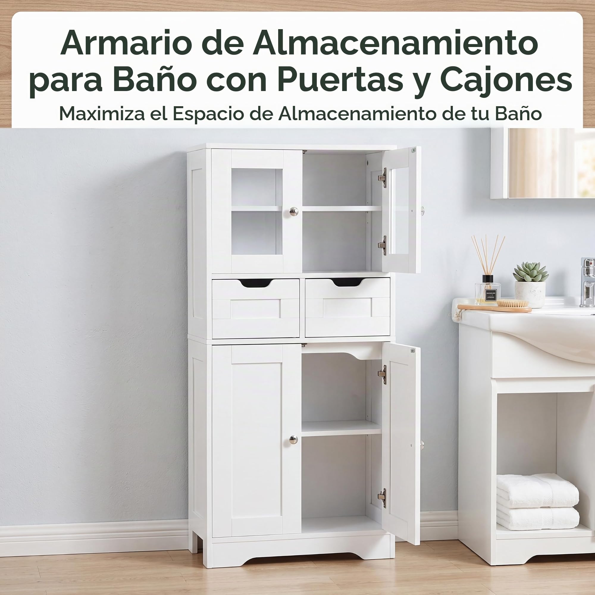 Armario Alto de Almacenamiento, Mueble de Baño, Baldas Ajustables, Panel de Partículas Melamínico Doble Cara de 15mm, Mueble Multiusos para Baño, Pasillo y Lavandería(Blanco, 60x30x128cm)