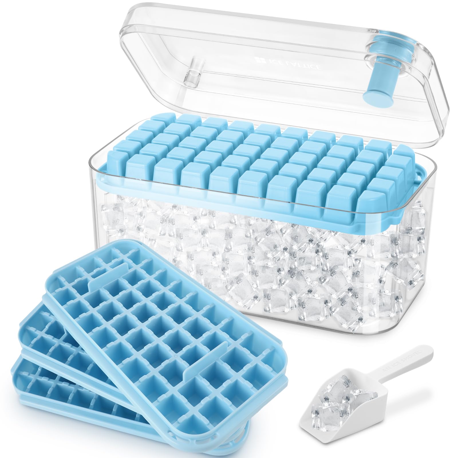 Eiswürfelform,150 Stück Eiswürfel, Eiswürfelbehälter mit Deckel und Behälter, einfaches Drücken, um das Eis zu lösen, Kühlen von Kaffee, Cocktail, Whiskey,3 Schalen, 1 Eiskübel und Schaufel （Blau）