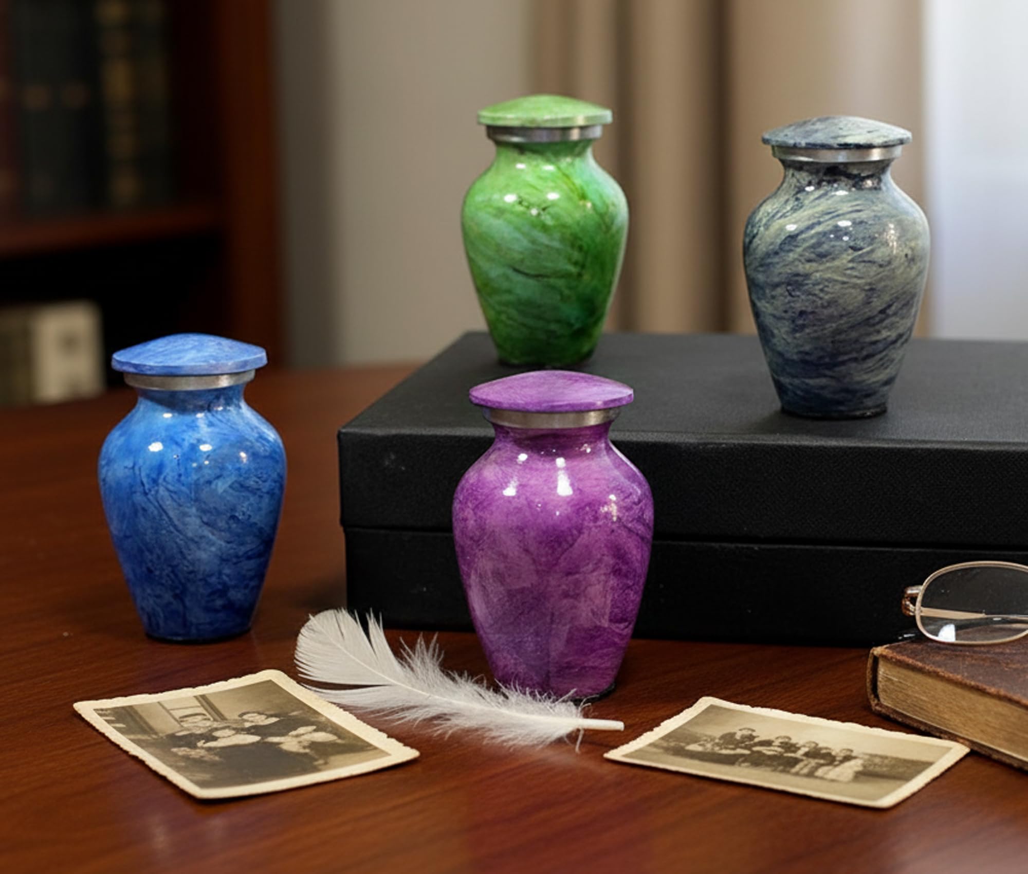 eSplanade Set of 4 Cremation urns Keepsake urns Memorial Container Jar Pot | Metal Urns | Burial Urns | Memorial Keepsake Urns (Marble)