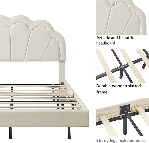 Miniatura 5 de Cama de plataforma LED tapizada de terciopelo de tamaño matrimonial con otomana de almacenamiento, juegos de dormitorio de 2 piezas, elegante cama