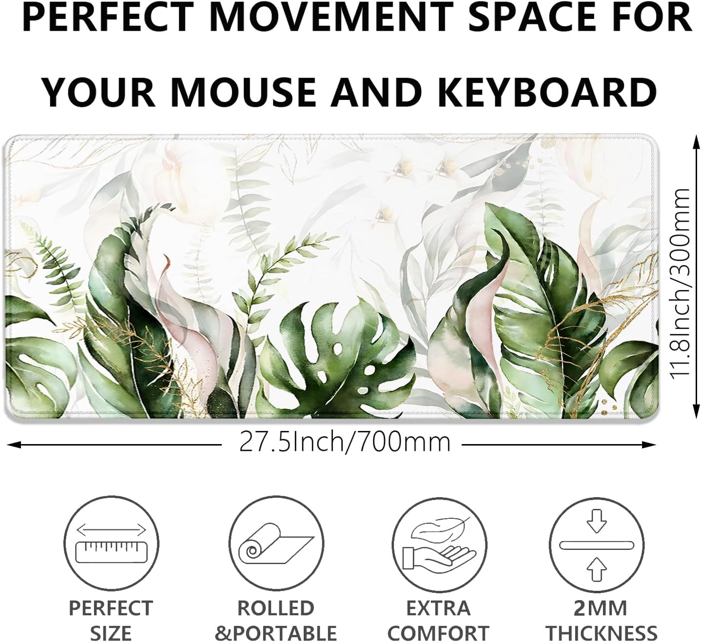 Green Tropical Leaves Mouse Pad Desk Pad,Green Sage Plant Extended Gaming Mouse Mat with Stitched Edges Non-Slip Waterproof Rubber Base Mous Mat for Office Home Game Desk Pad(27.5X11.8 in) - Image 3