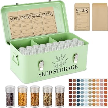 60 Slots Seed Storage Box with 4 Dividers, Metal Seed Storage Organizer Saving Box, Seeds Packet Container, Professional All-in-One Kit with 60 Seeds Envelopes and Label Stickers