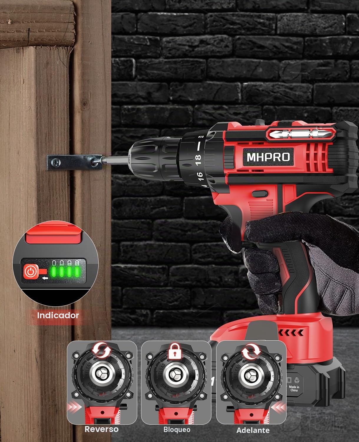 MHPRO Taladro Percutor a Bateria 21V, Taladro Atornillador Bateria con 2 Baterías 2000mAh, 42Nm, 18+1 Ajuste de Par Destornillador Electrico, 14 Accesorios, 2 Velocidad, LED Luz Para Hogar, Bricolaje