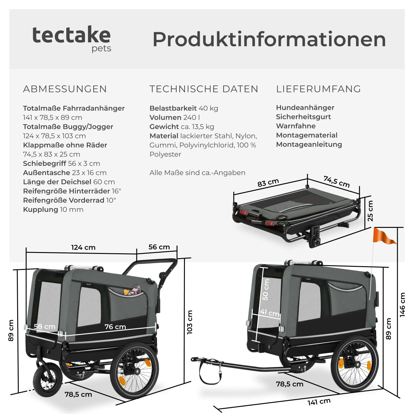 tectake® Fahrradanhänger multifunktional - als Hunde Anhänger Wagen für Fahrrad und e Bike, Jogger oder Buggy, Belastbarkeit bis 40kg, faltbar, schneller Umbau, inkl. Sicherheits Zubehör