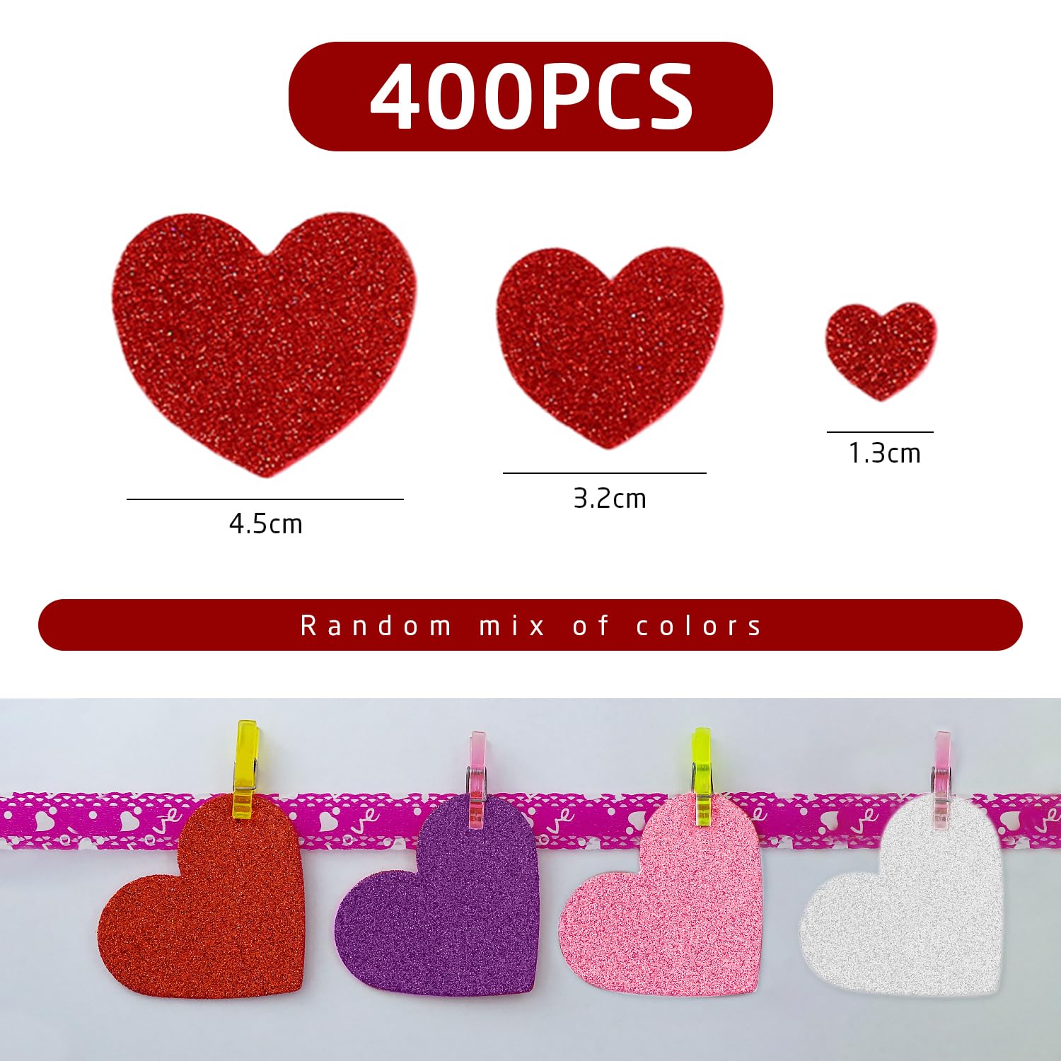 400 Pcs Heart Glitter Foam Stickers - Self-Adhesive Red Pink Purple White, 3 Sizes, For Valentine's Crafts, Wedding Favors, Kids DIY