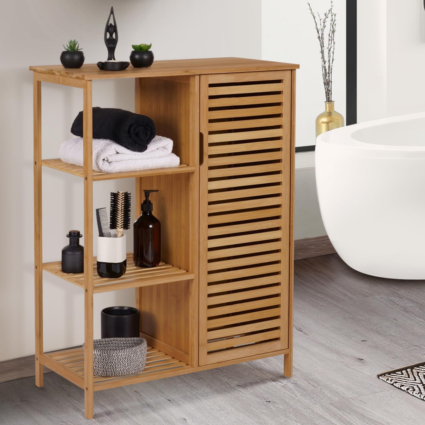IDMarket - Meuble de Rangement Salle de Bain Bambou BEA 3 étagères avec Placard