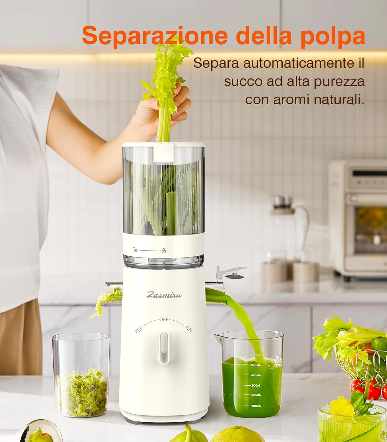 Cold Press Juicer, Zasmira Juicer Machines with Large Feeding Chute, Powerful Slow Juicer with Pulp Seperation, 99.6% Juice Purity, Easy to Clean, White