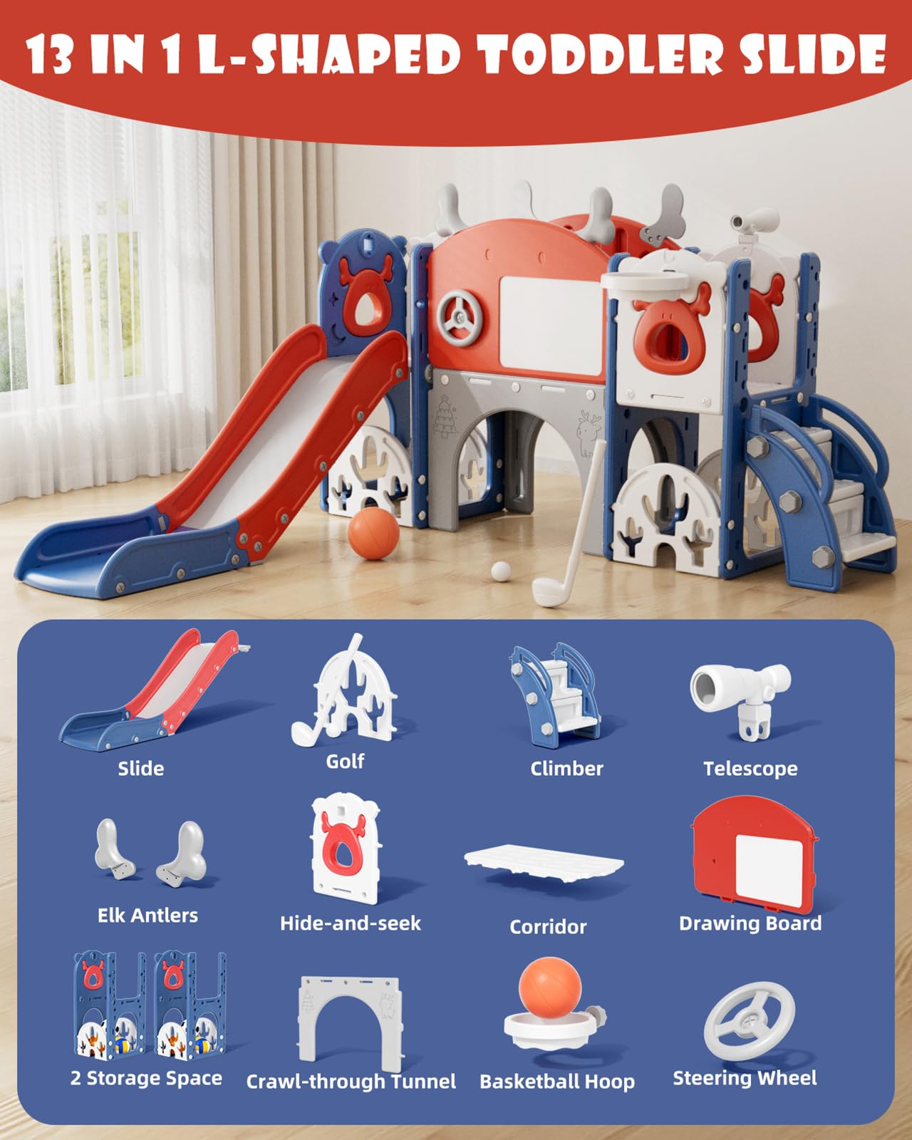 XJD Toddler Slide,13 in 1 Kids Slide for Toddlers, New Upgrade with Golf Set, Basketball Hoop, Drawing Board for Indoor Outdoor Playset,Toddler Playground (Red Blue)