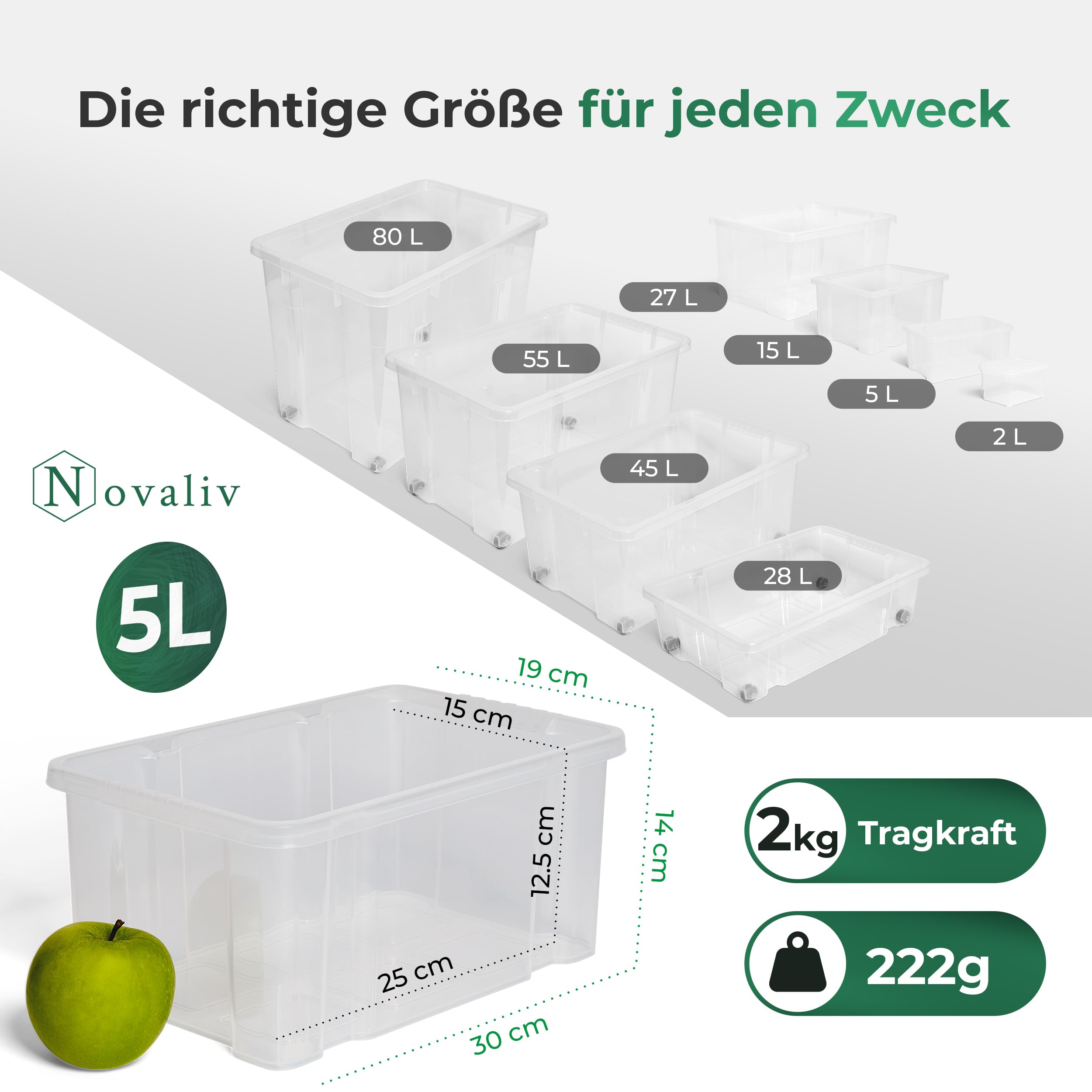 Novaliv 6 scatole portaoggetti senza coperchio, 5 l, 30 x 19 x 14 cm, trasparenti, impilabili, in plastica, senza BPA