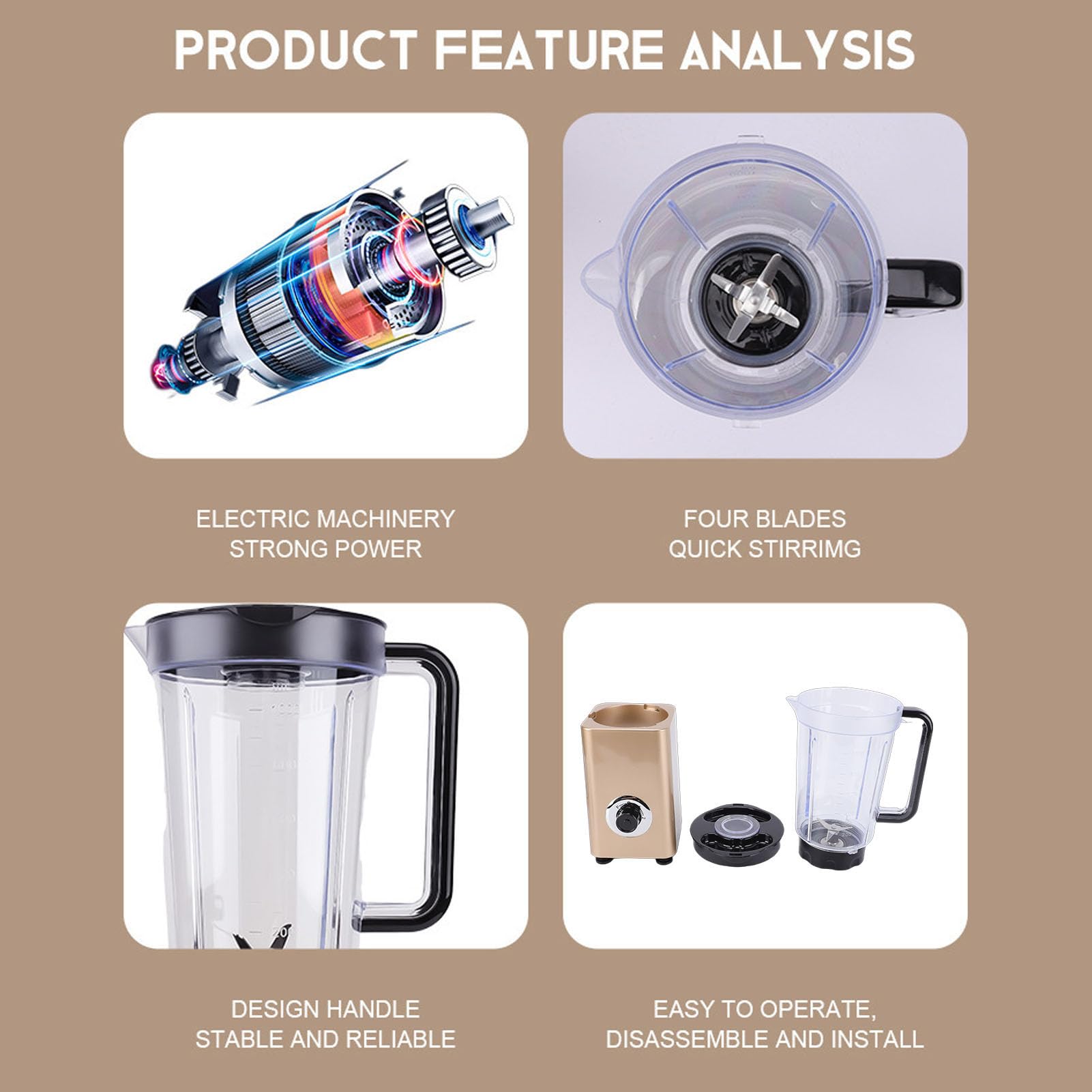 Asixxsix 300W elektryczny blender, 2 ustawienia prędkości z funkcją pulsową, Głowica do cięcia ze stali nierdzewnej 4 liści, Pojemność 1000ml, do smoothies, szlifowania orzechów (wtyczka UE)