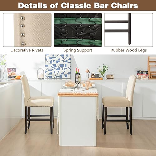 Miniatura 6 de GOFLAME Juego de 2 taburetes de bar, modernos taburetes de bar tapizados con asiento acolchado, sillas con respaldo y patas de madera de goma, juego