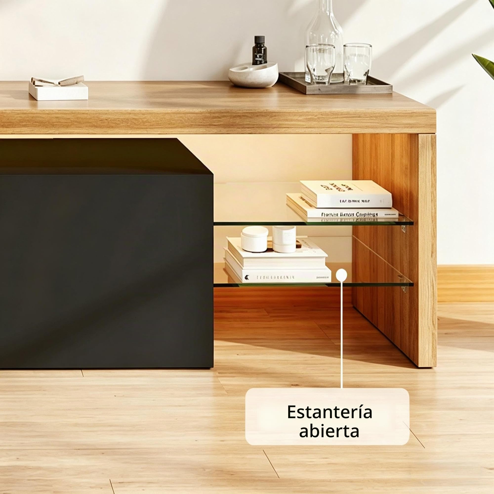 Mueble de TV Modular con Iluminación LED, Mueble de TV Moderno con 3 Puertas y 2 Estantes Abiertos de Vidrio, Mueble Bajo para TV Armario de Almacenamiento Elegante para Salón (Negro-3, 200x39x42)