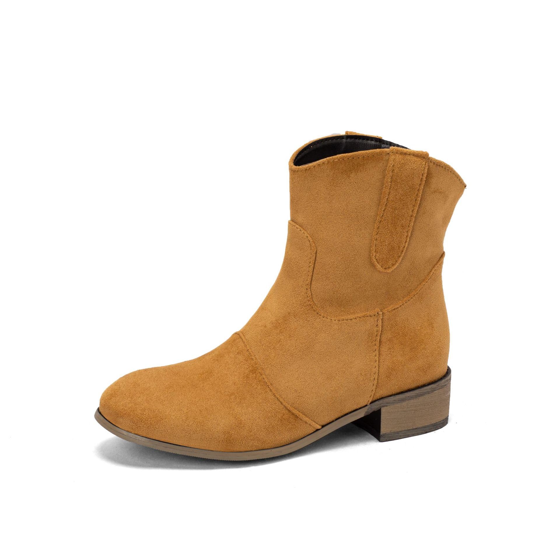 Womens Booties Suede Ankle Boots for Women Low Heel Mid Calf Slip on Chunky Heel Round Pointed Toe