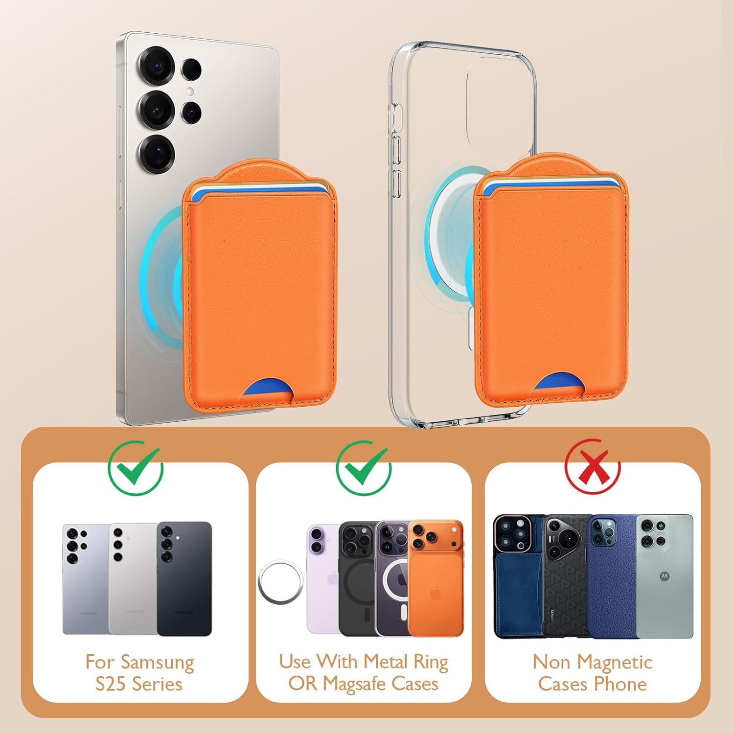 Compatible with Magsafe Wallet Magnetic Card Holder - Phone Wallet for Samsung Galaxy S25 Series,for iPhone 17/16/15/14/13/12 Series for Women Men for Apple Mag RFID Magnet Fit 3 Cards,Orange - Image 6