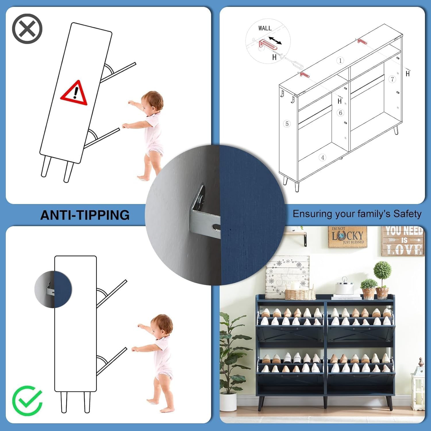 Shoe Storage Cabinet,Farmhouse Shoe Organizer with 4 Flip Drawers & Barn Door Design,Freestanding Hidden Slim Narrow Shoe Rack Cabinet for Entryway,Foyer,Hallway,Blue