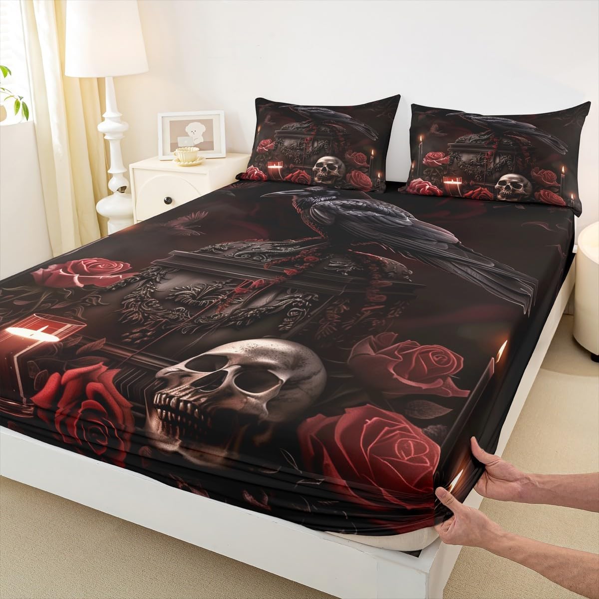 Erosebridal Black Crow Fitted Sheet Romantic Rose Halloween Bed Sheets Full Death Skull Skeleton Bedding Set for Women Men Adults Goth Horror Theme Bed Cover 3 Pcs