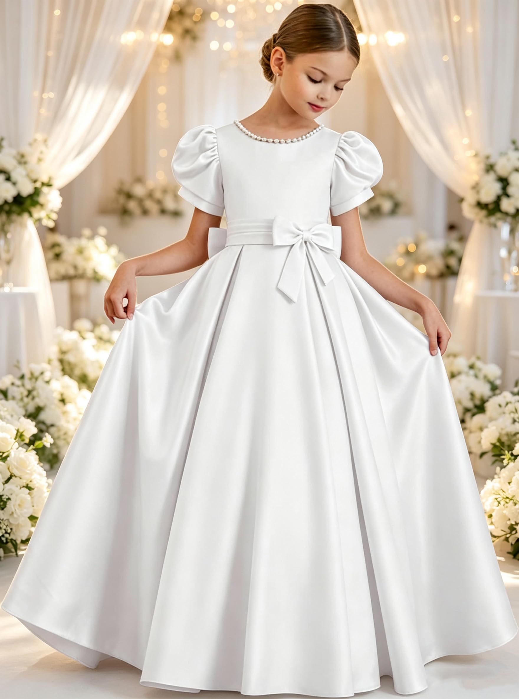 Vestido de niña de Flores de satén Blanco con Cuello Perlado, Espalda en V, Vestido Largo de comunión con Mangas Cortas abullonadas, Vestidos Formales de Boda.