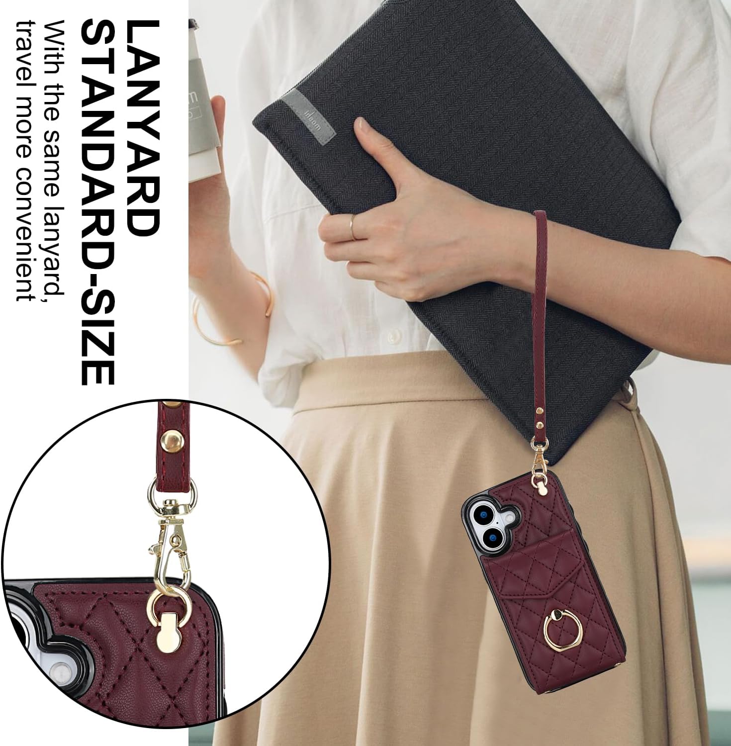 Asuwish Phone Case for iPhone 17 6.3 inch Wallet Cell Cover with Tempered Glass Screen Protector Crossbody Wrist Strap Ring Stand RFID Blocking Card Holder i Phone17 i17 17Case Women Girls Wine Red