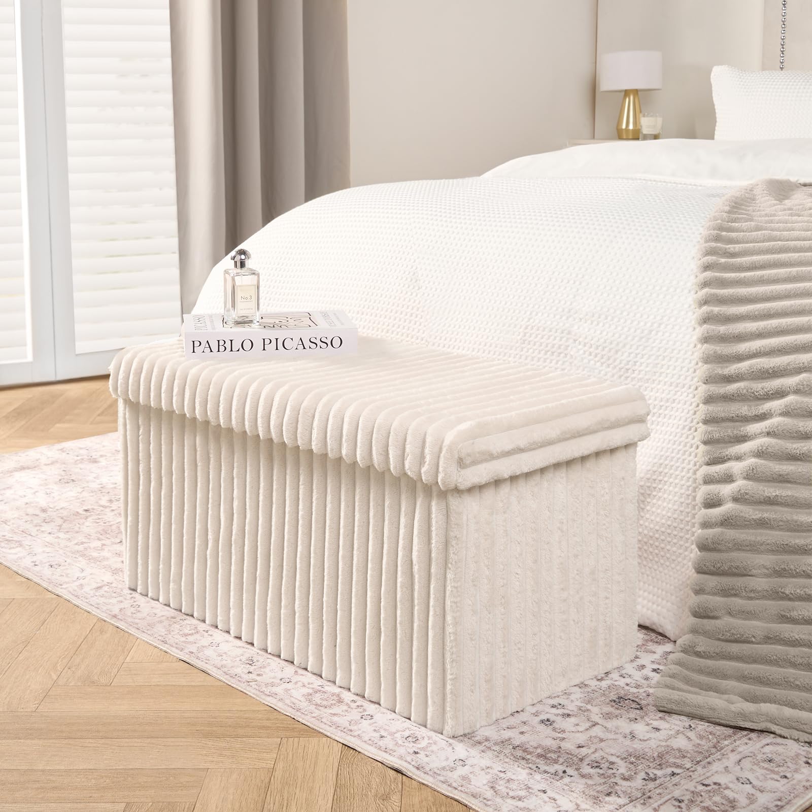 OHS Rectangle Storage Ottoman Box, Modern Cream Ribbed Footrest with Hidden Storages Padded Large Storage Ottoman with Lid Space Saving Bench for Living Room Bedroom, One Size