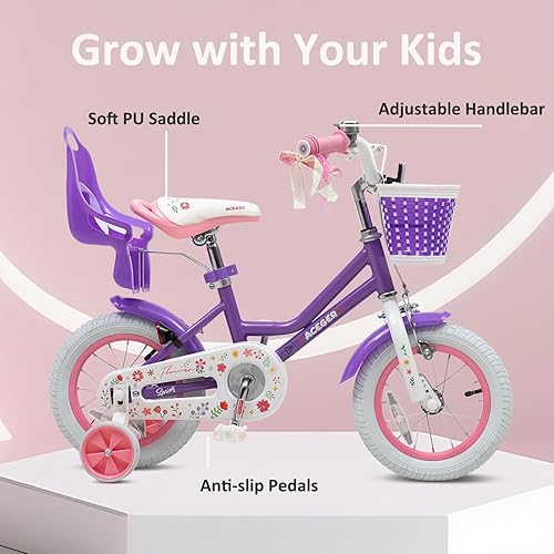 Miniatura 3 de ACEGER Girls Bike with Basket for Ages 2-12 Years Old Kids, 12 14 16 18 Inch with Training WheelsPrincess Style with Streamers, Handbrake & Coaster