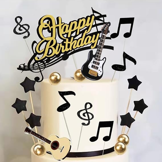 24 PCS Guitar Birthday Cake Toppers Guitar Model Music Notes Balls Cake Decorations for Musician Birthday Party Rock Theme Party