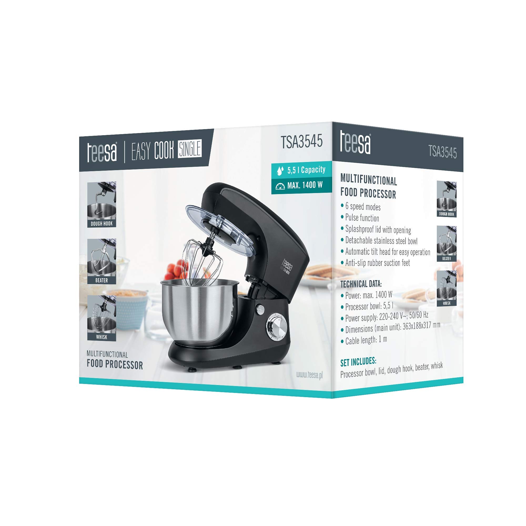 Teesa TSA3545W Keukenmachine – 1400W Keukenmixer met 5,5L - Keukenmixers