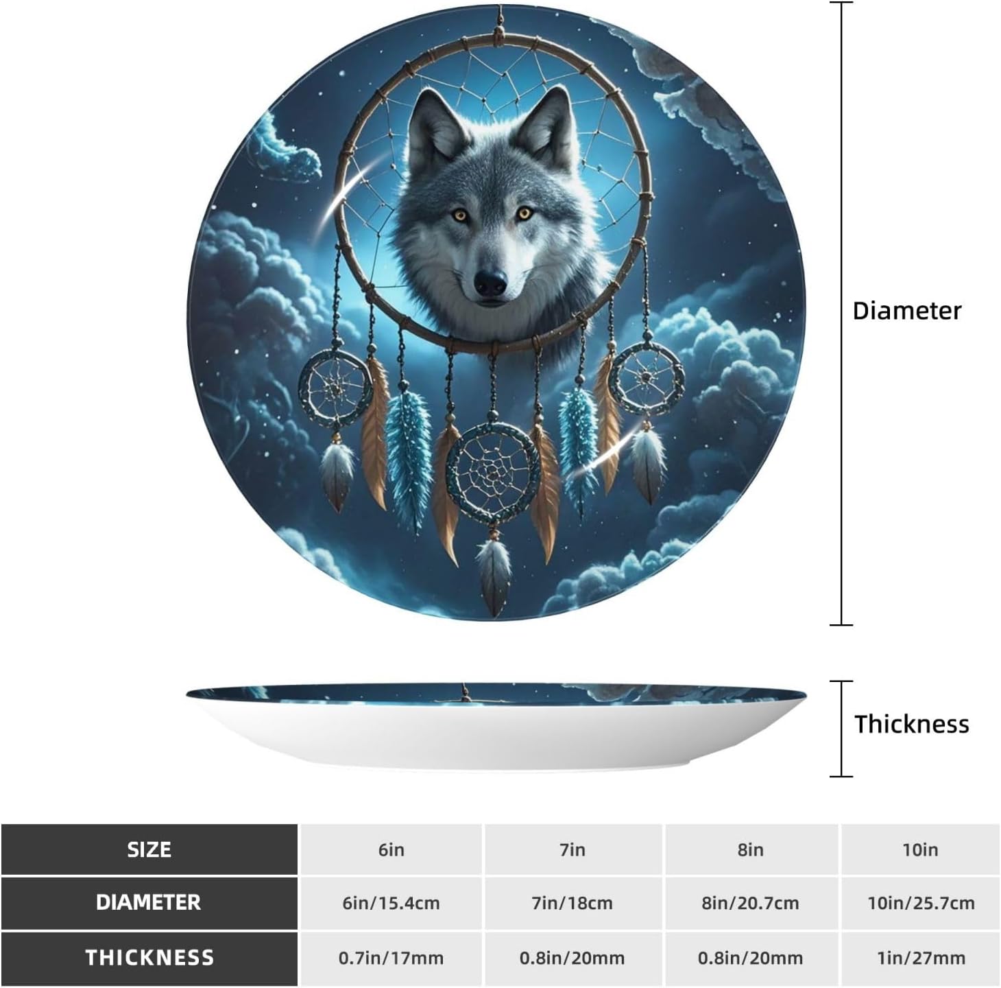 Decorative Plate 10in Dessert Plate Ornament Ceramic Plates with Display 3D Wolf Dream Catcher Bone China Decorative Plat Stand Hanging Porcelain Plate for Home Wall Decor