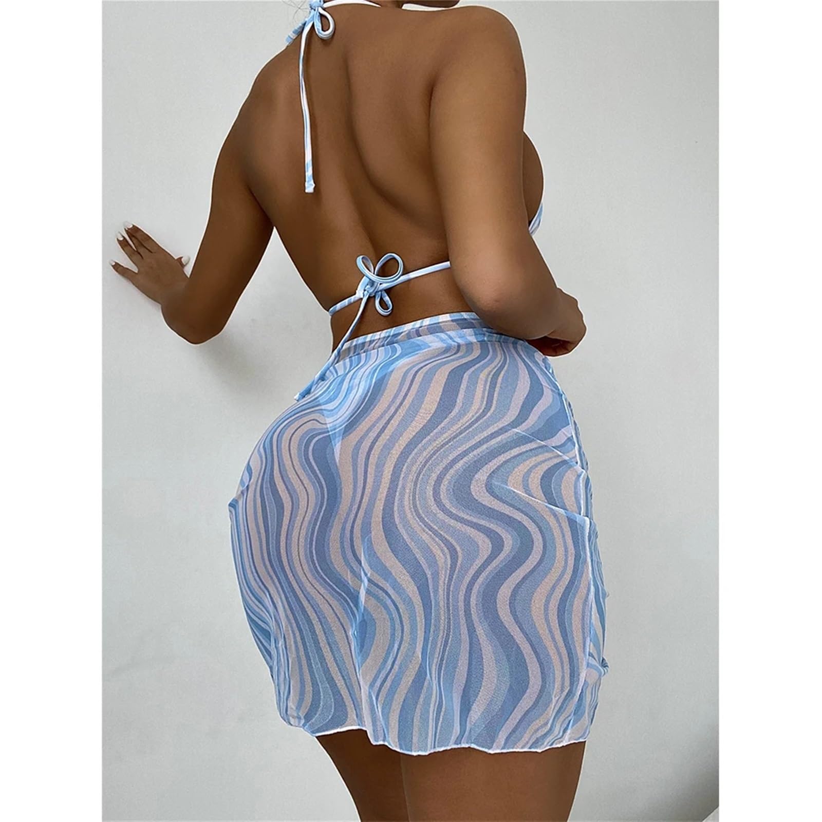 Conjunto de Bikini Conjuntos de Bikini con Estampado Ondas, Trajes baño Plisados ​​para Mujer, Traje 3 Piezas, minifaldas Cordones
