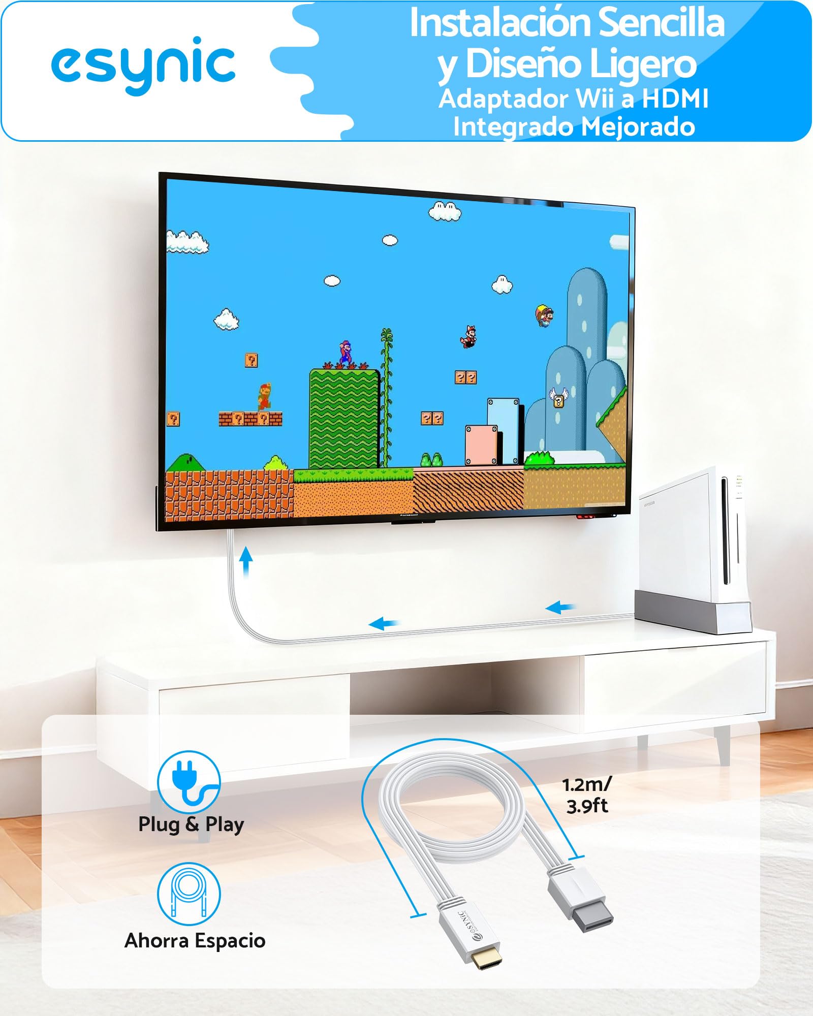 eSynic Adaptador Wii a HDMI 1080P/720P Convertidor Wii a HDMI Cable HDMI 1.2 Metros Wii HDMI Converter Plug and Play Compatible con Nintendo Wii y Wii U Conexión Directa a HDTV y Monitor