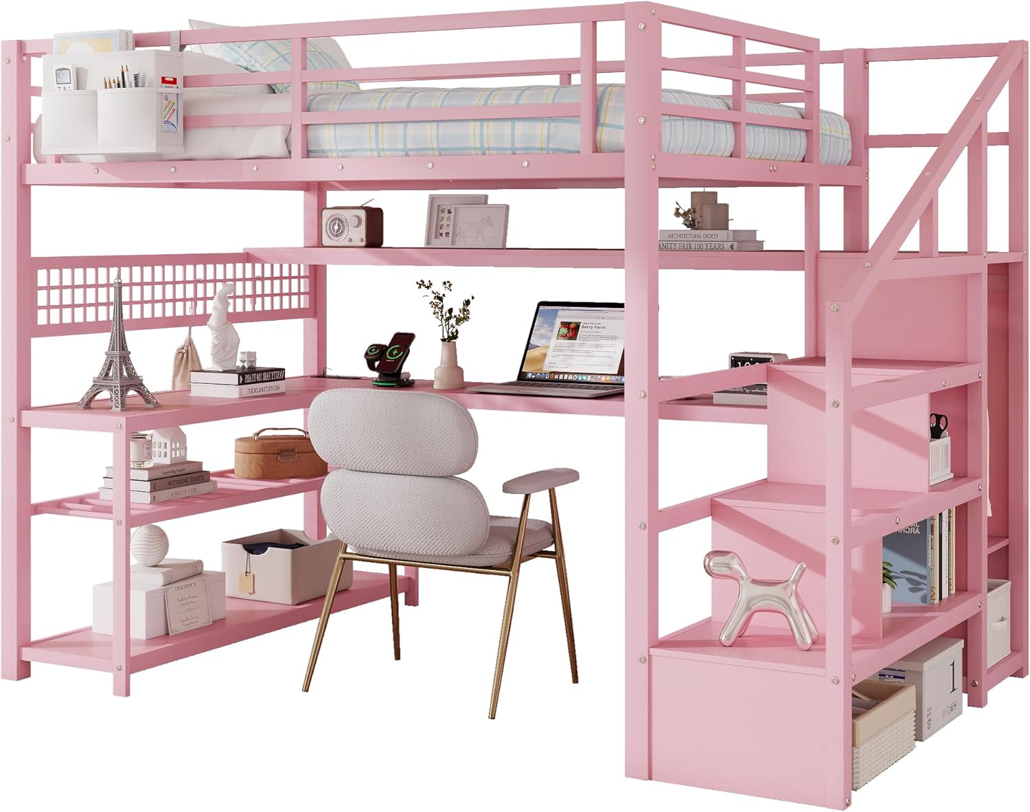 Full Size Loft Bed with Desk and Storage Shelves,Metal Loft Bed with Staircase and Wardrobe,High Loft Beds with LED Lights and Charge Station for Kids and Teens(Pink)