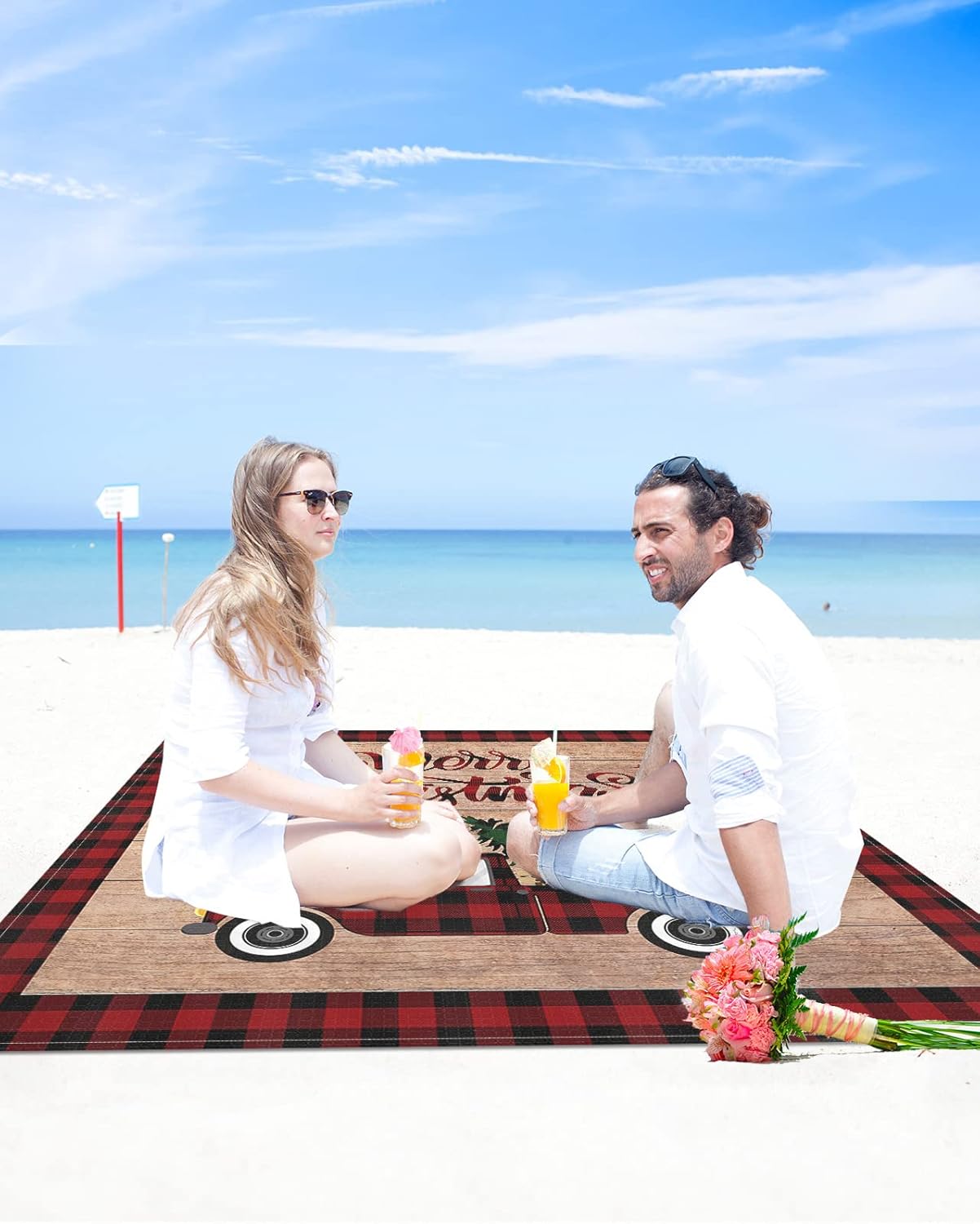 Retro Farm Plaid Car Beach Blanket Waterproof Sandproof Outdoor Picnic Mat 118"x108" Buffalo Grid Xmas Tree on Wood Grain Lightweight Large Beaach Blankets with 4 Stake & 4 Corner Pockets