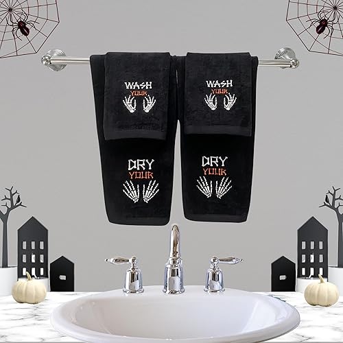 Miniatura 2 de Juego de 2 toallas de baño de mano de Halloween, diseño de esqueleto bordado de algodón negro "Dry Your Hands" - 16 x 25 pulgadas, decoración