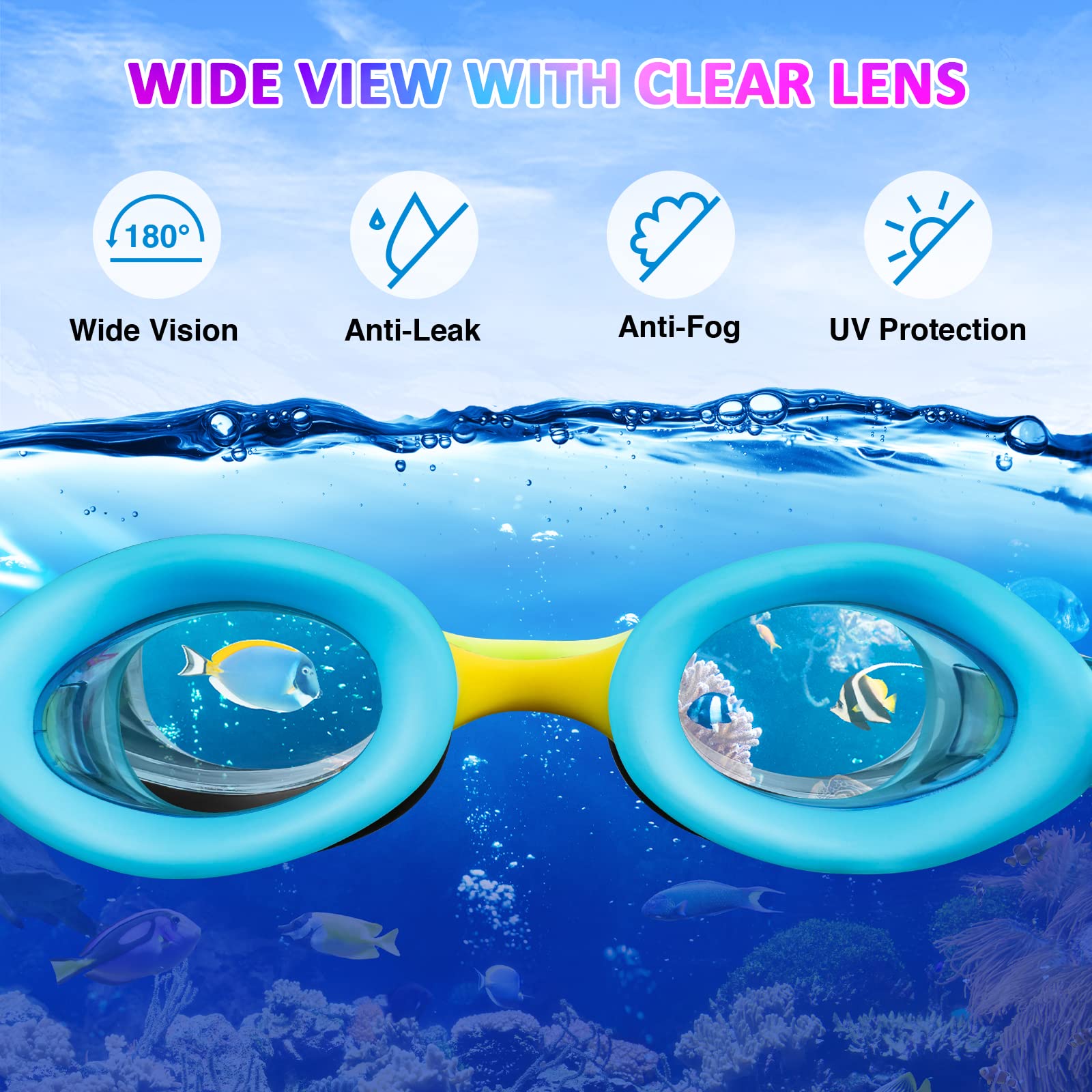 XDX Gafas de natación para niños de 4 a 14 años, paquete de 4 para niños y niñas, antivaho con protección UV