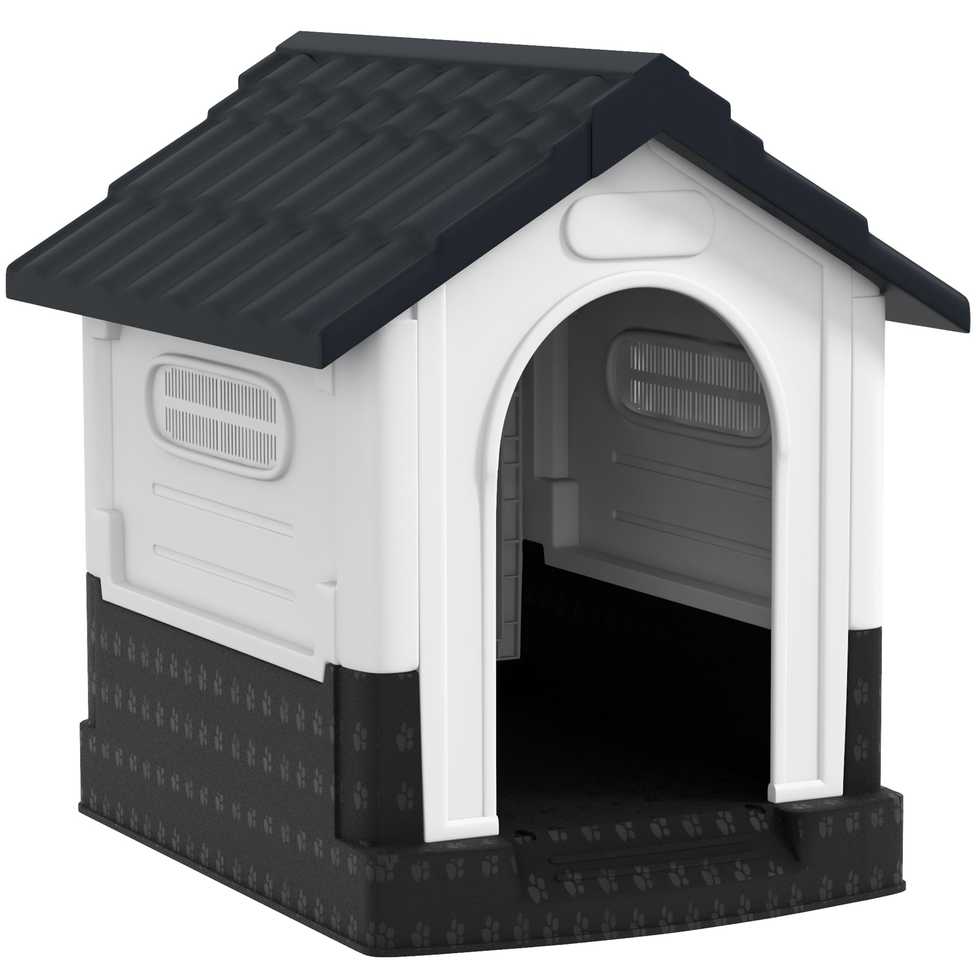 PawHut Dog Kennel for Outside, Plastic Dog House, Water-Resistant Pet Shelter with Windows, for Garden Patio, Miniature Dogs, 64.5 x 57 x 66cm - Grey