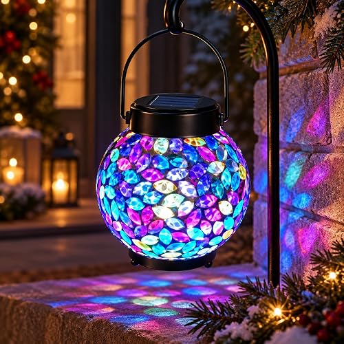 Mosaic Solar Hanging Lanterns, Rainbow Glass Light for Patio Yard Porch