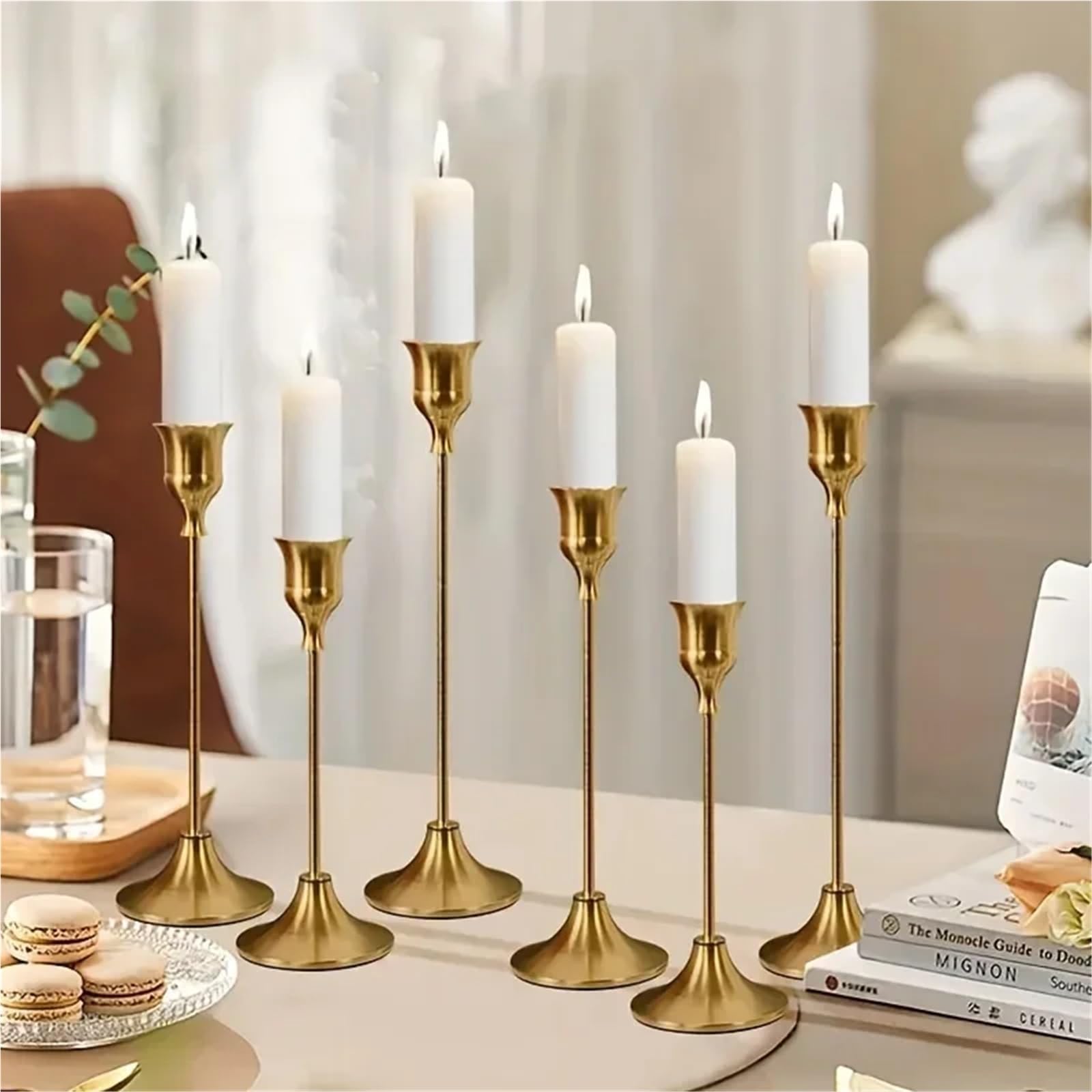 Porta Velas Juego de 6 candelabros Metal: románticos Mesa for centros Bodas, cumpleaños y Decoraciones navideñas(Golden)