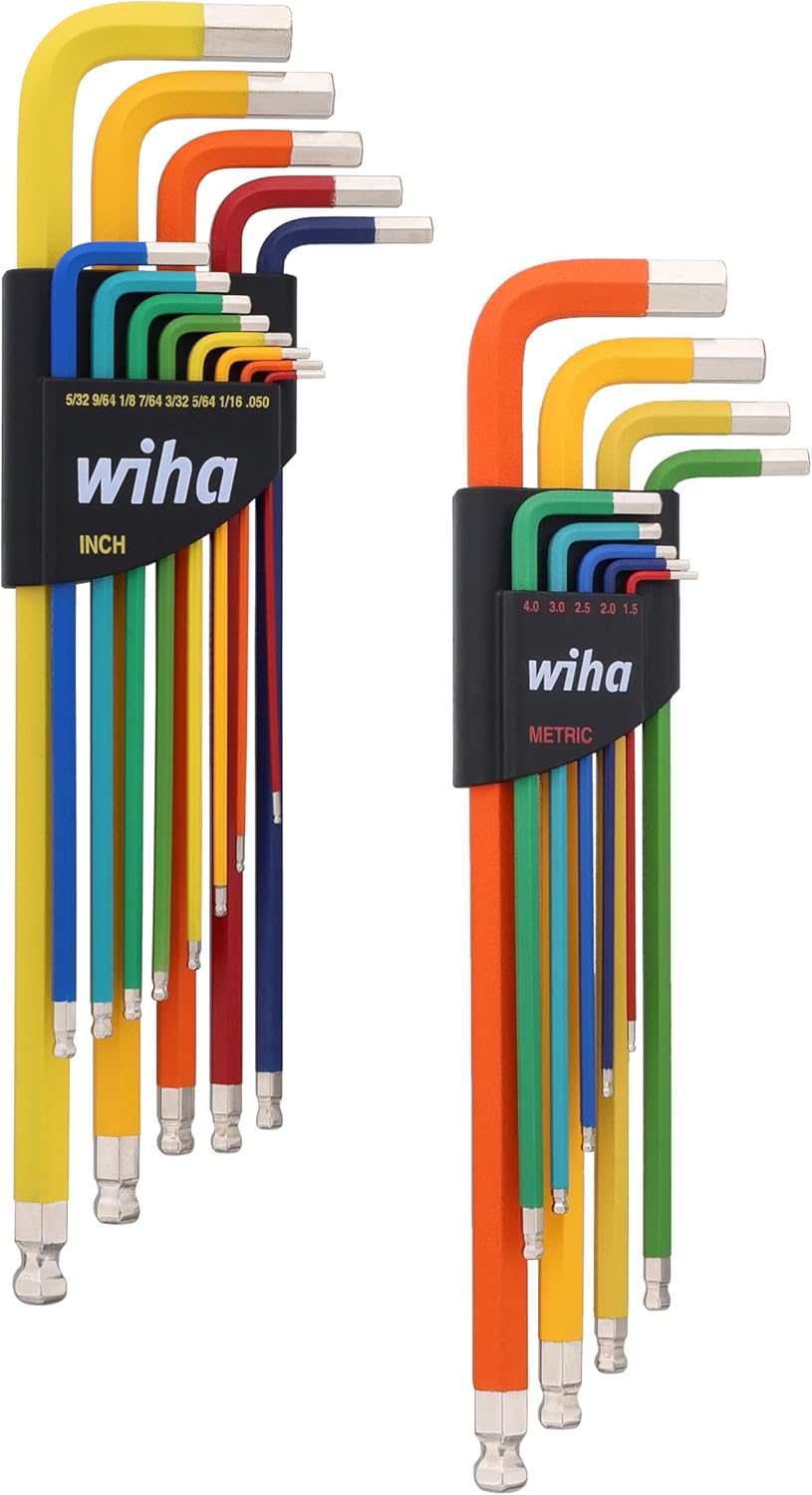 Wiha Ball End Allen Wrench/Hex L-Key Set, 22 Pieces, Metric & Standard/SAE, Color Coded, Textured Grip, Includes Holder, Made in Germany