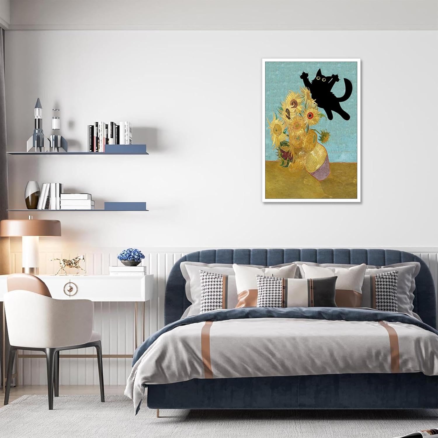 Vintage Black Cat Poster Cute Abstract Animal Canvas Wall Art Cat Knocking Over Sunflowers Aesthetic Prints Painting For Living Room Bedroom Gallery Wall Decor 24x36in Unframed