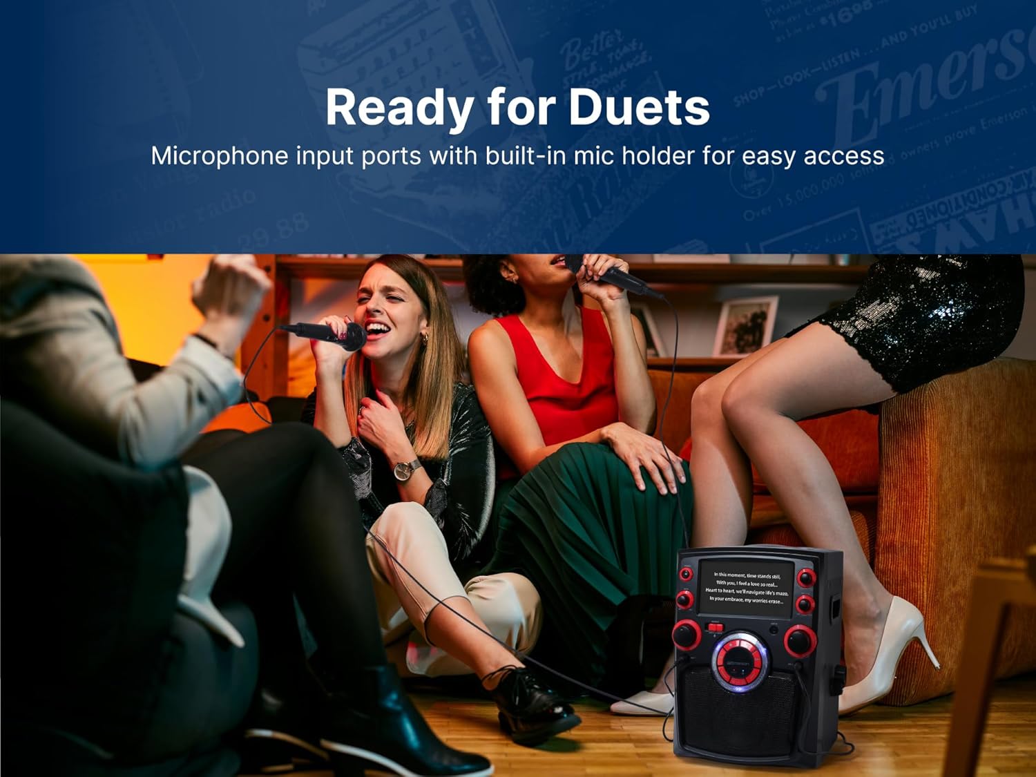Emerson EK-6002 Portable Bluetooth Karaoke Machine with Wired Microphone, Built-in Speaker, LED Lighting, and Rechargeable Battery – Perfect for Parties, Singing, and Family Fun