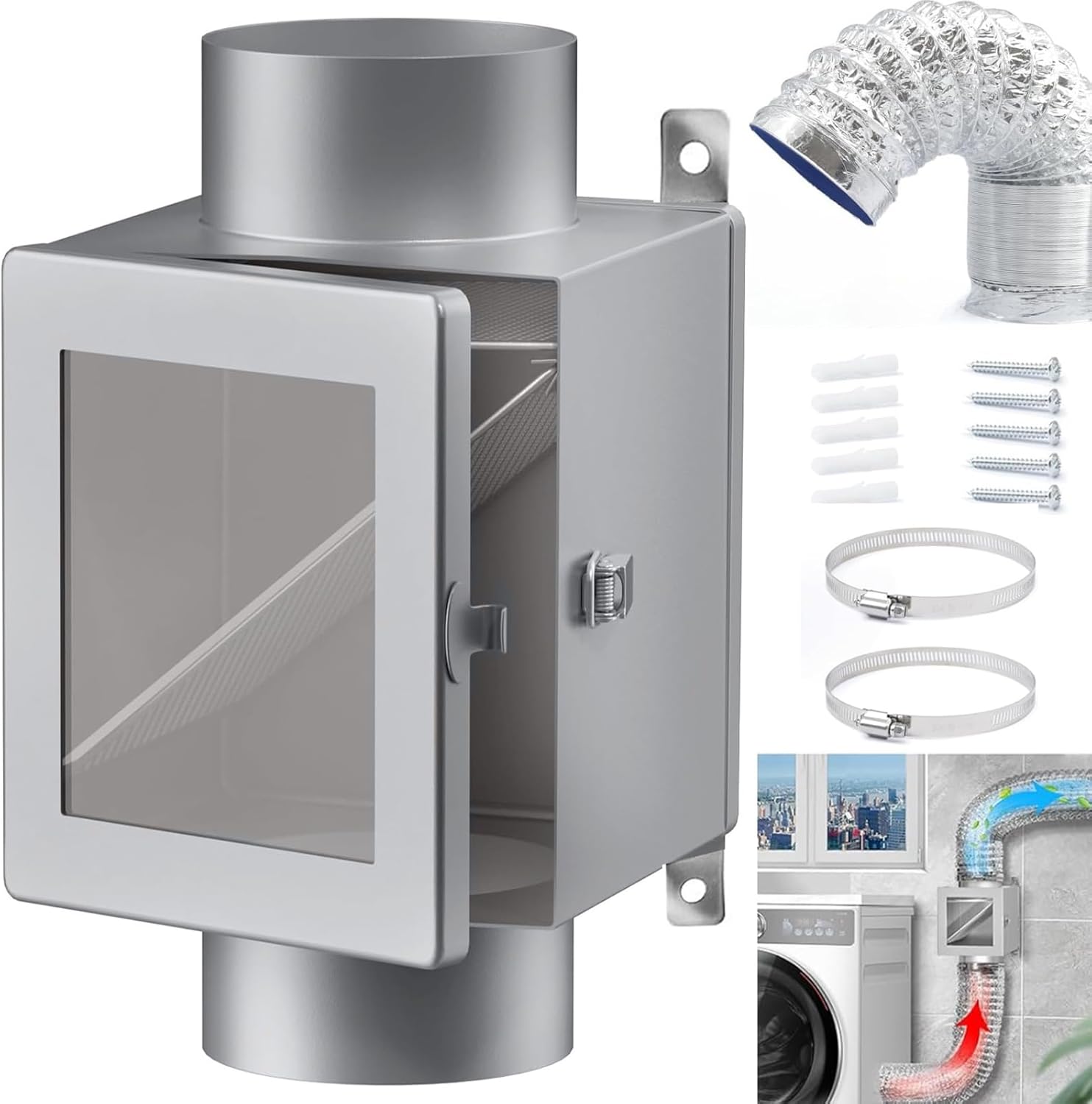 Metal Dryer Lint Trap, Dryer Duct Lint Trap for Dryer Vent, Indoor Dryer Vent Kit with 4inch Dryer Vent Hose, 2 Clamps, 2 Stainless Steel Mesh, Dryer Lint Catcher Outdoor Lint Trap for Electric Dryers