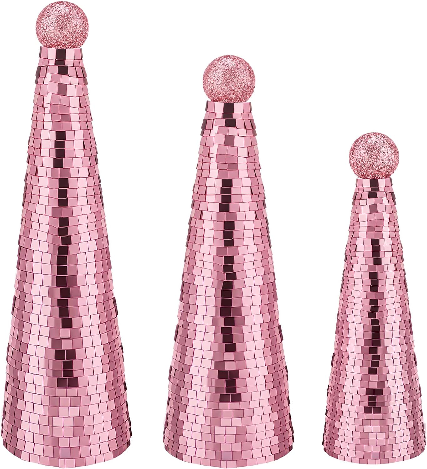 3Pcs Disco Christmas Tree Decoration Mirror Xmas Cone Shining Tree Tabletop Centerpiece Mantel for Party Supplies Home Thanksgiving Valentine Holiday Outdoor Indoor Decor (Pink)
