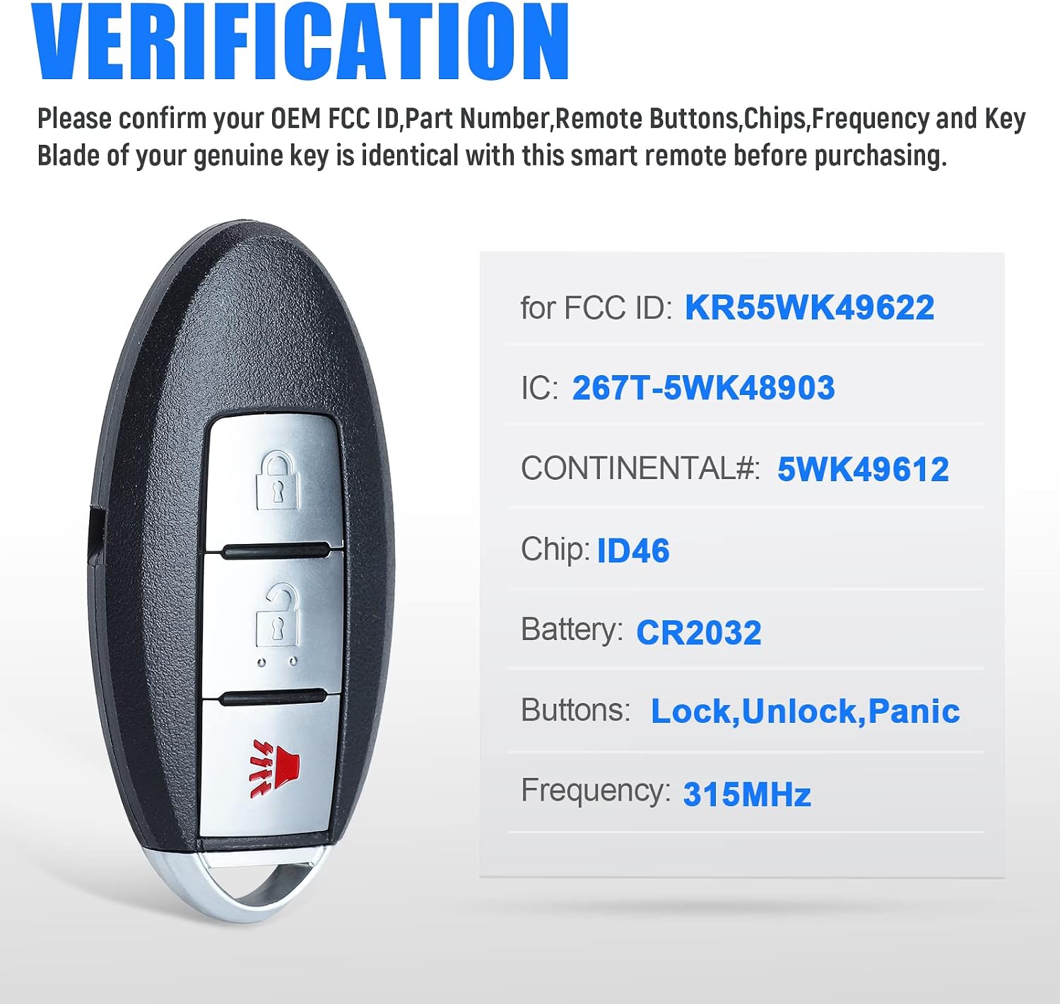 Keymall Car Key Fob Keyless Entry Remote Control Replacement for Nissan Murano 370z 2009 2010 2011 2012 2013 with Uncut Key FCC ID:KR55WK49622 ID 46 Chip