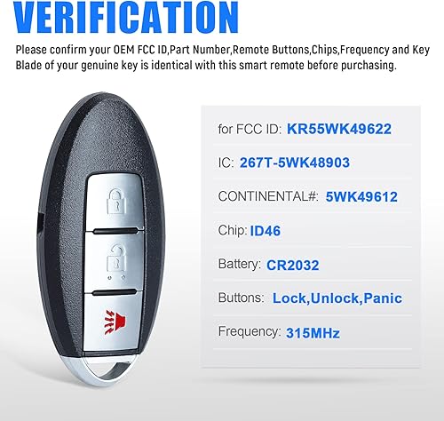 Miniatura 2 de Reemplazo de control remoto de entrada sin llave para Nissan Murano 370z 2009 2010 2011 2012 2013 con llave sin cortar FCC ID: KR55WK49622 ID 46 Chip