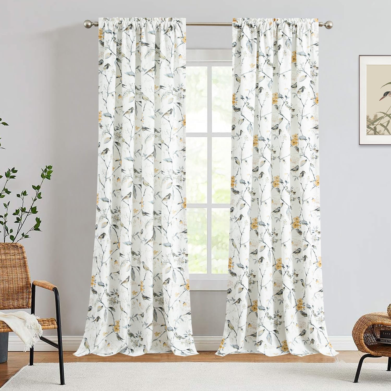 VOGOL Light Filtering Cafe Curtains with Bird Print - Country Style Drapes for Living Room, 2 Panels Easy Care Window Treatments, 52x96 Inches, Grey