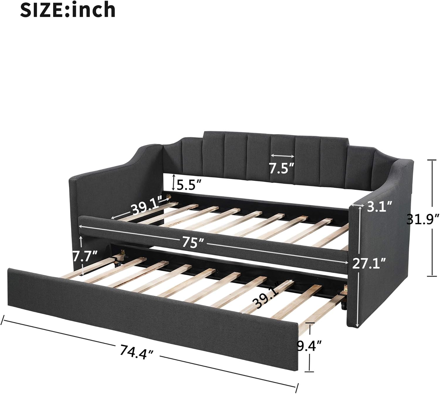 Merax Daybed with trundle pulled out, showing dimensions