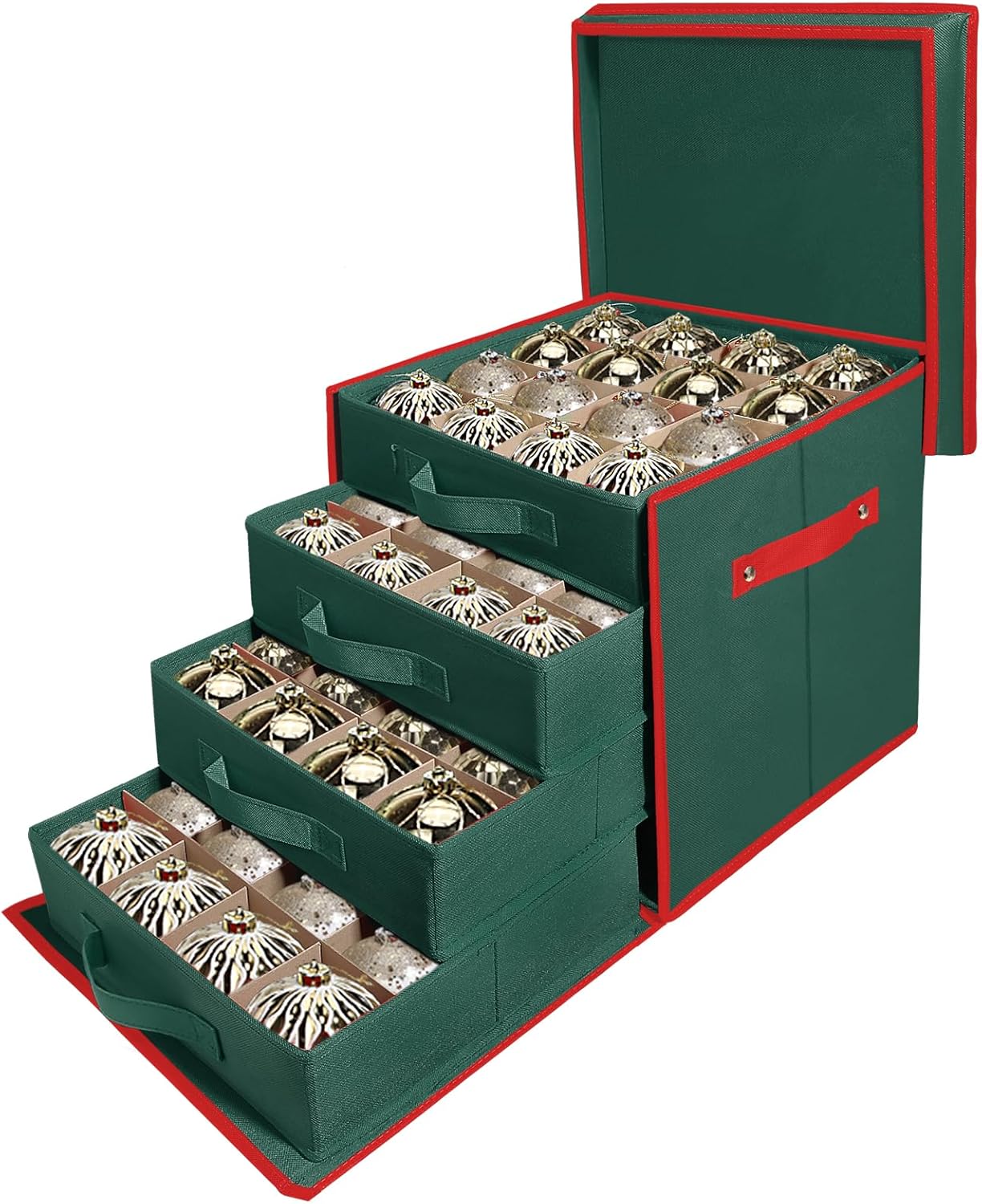 WDZREE Premium Large Christmas Ornament Storage,Box with Side Open, Drawer Style Trays - 3" Compartment, 4 Trays, Keeps 64 Holiday Ornaments -Made of Durable 600D Oxford Fabric Tear-Proof Material